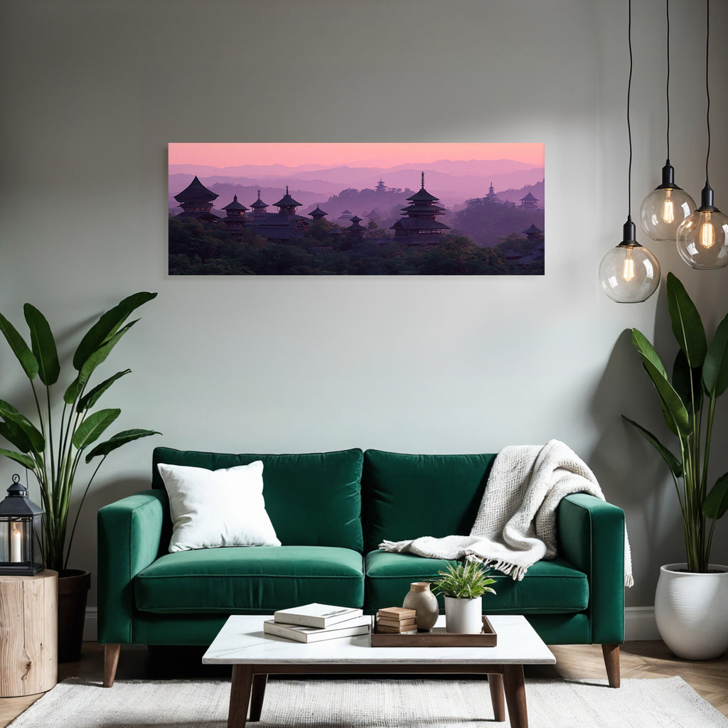 Friedliche Landschaft Mit Holzpavillons Im Sonnenaufgang