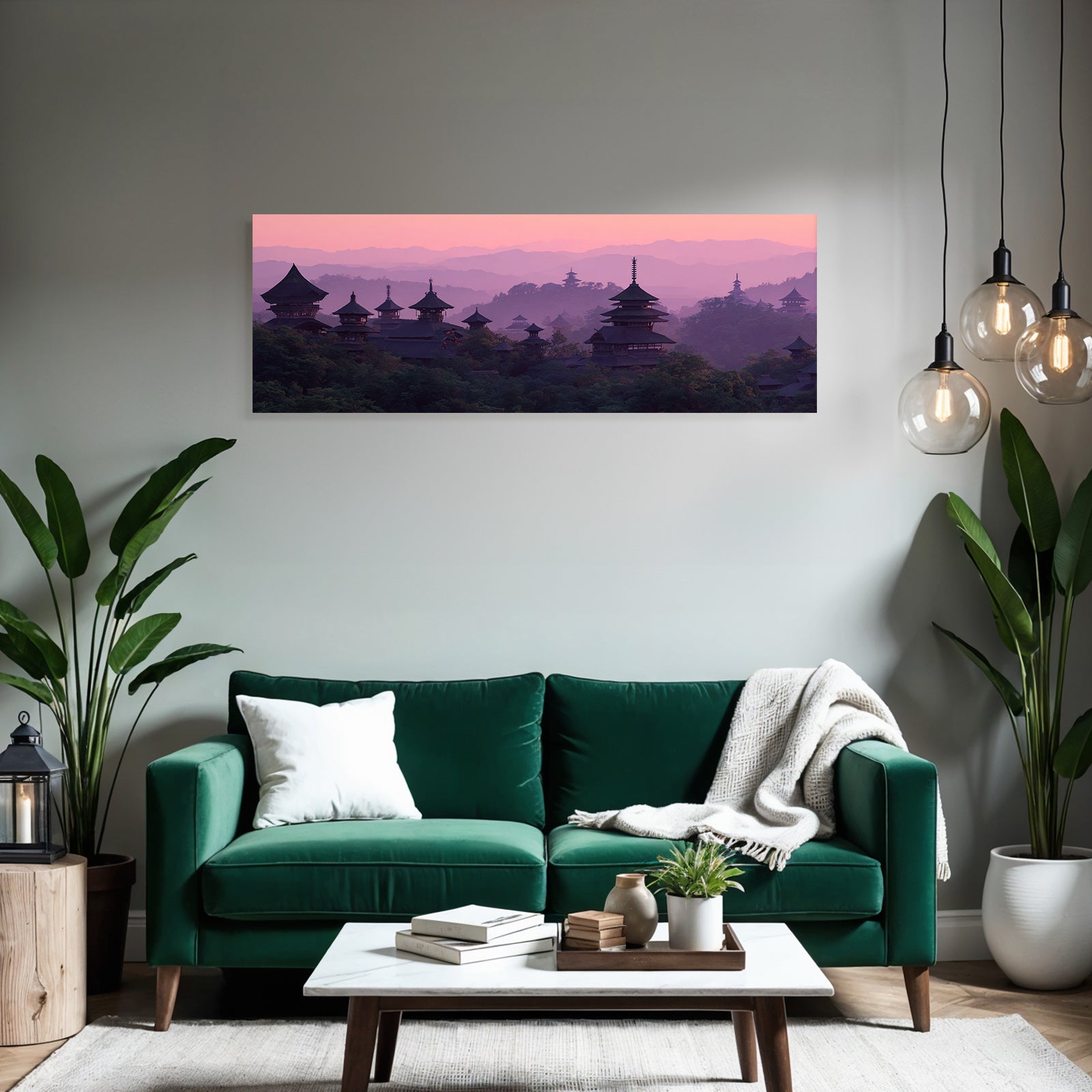 Friedliche Landschaft Mit Holzpavillons Im Sonnenaufgang