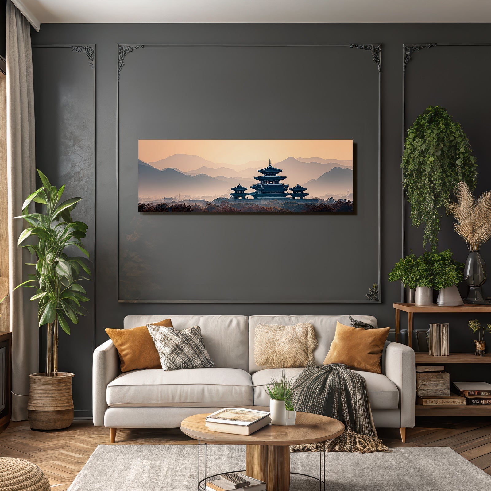 Friedliche Landschaft Mit Pagode Und Sonnenuntergang
