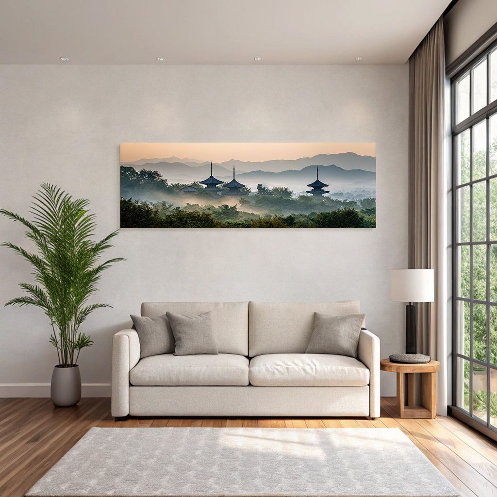Friedliche Landschaft Mit Pagoden Im Morgennebel