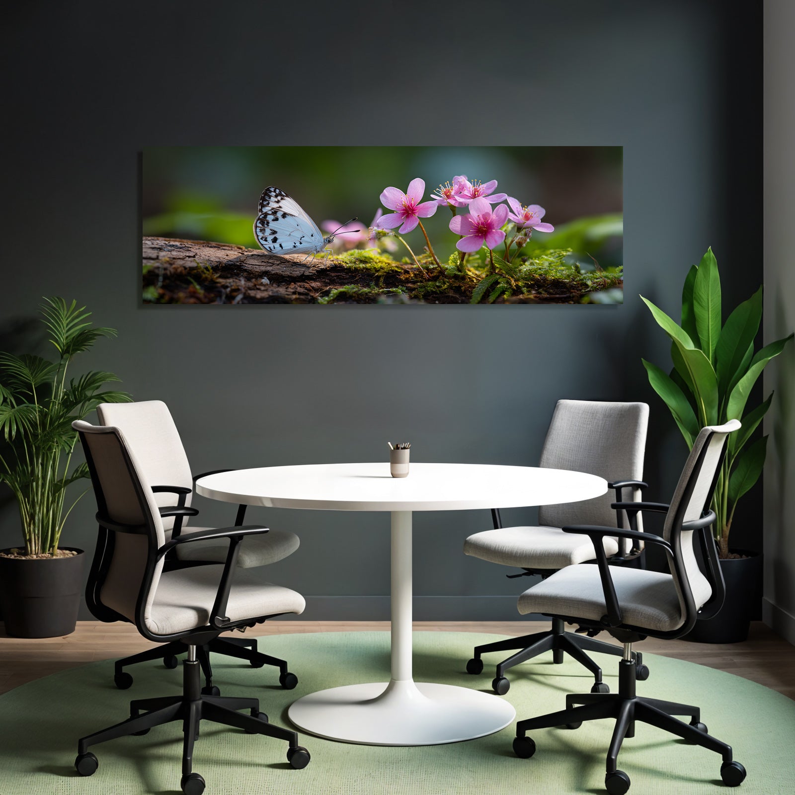 Hellblaür Schmetterling Auf Holz Mit Rosa Blumen Und Moos