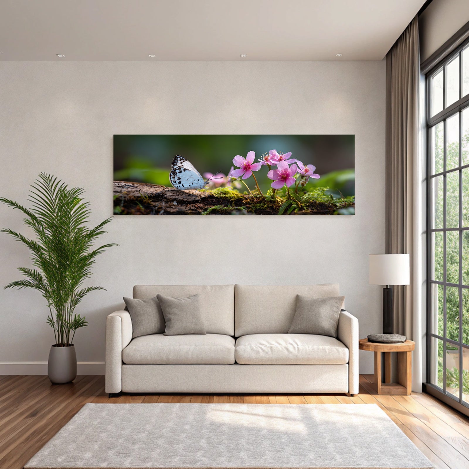 Hellblaür Schmetterling Auf Holz Mit Rosa Blumen Und Moos