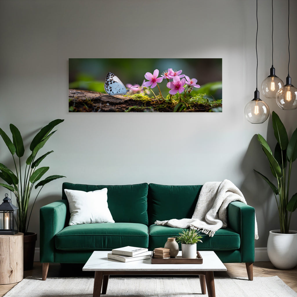 Hellblaür Schmetterling Auf Holz Mit Rosa Blumen Und Moos