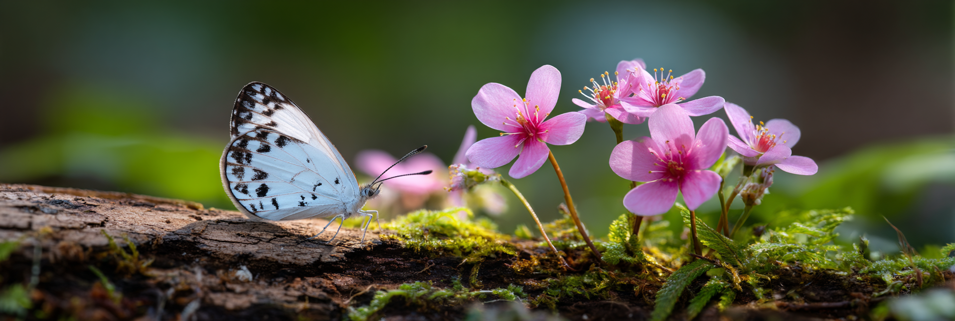 Hellblaür Schmetterling Auf Holz Mit Rosa Blumen Und Moos | Asien | Laender und Reisen
