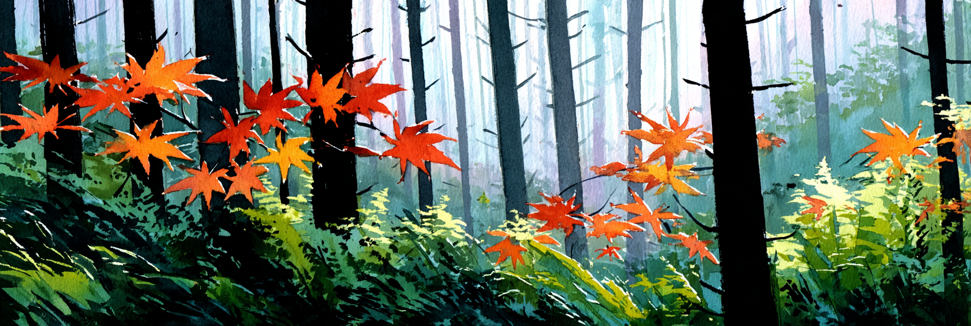 Herbstwald Aquarell Im Nebel Mit Rotorange Blättern | Asien | Laender und Reisen