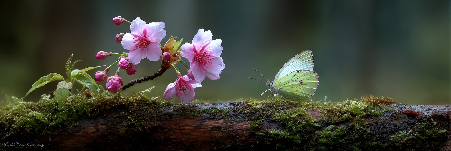 Kirschblütenzweig Mit Grüner Schmetterling Auf Moosbedecktem Stamm | Asien | Laender und Reisen
