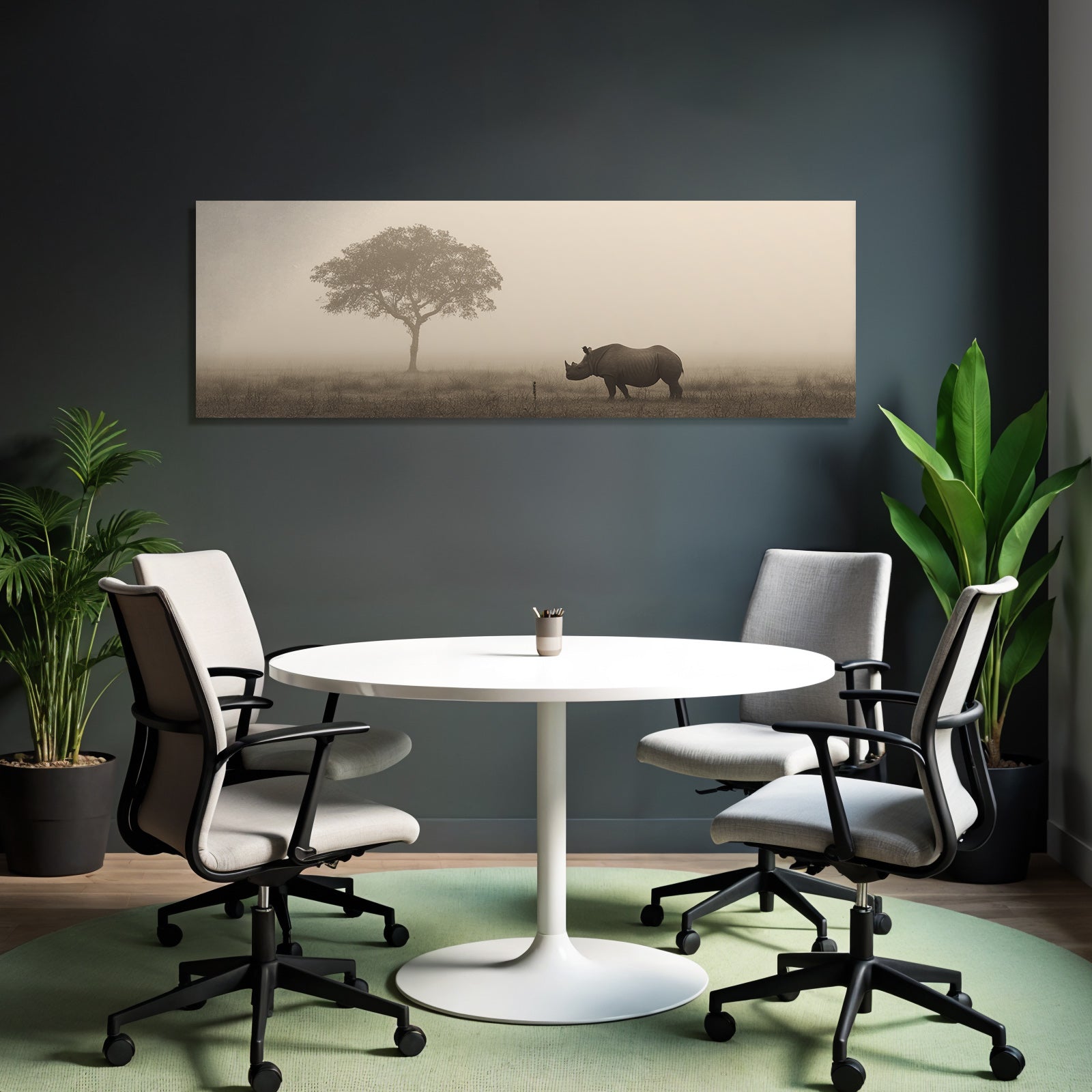 Nashorn Im Nebligen Landschaft Mit Einem Einsamen Baum