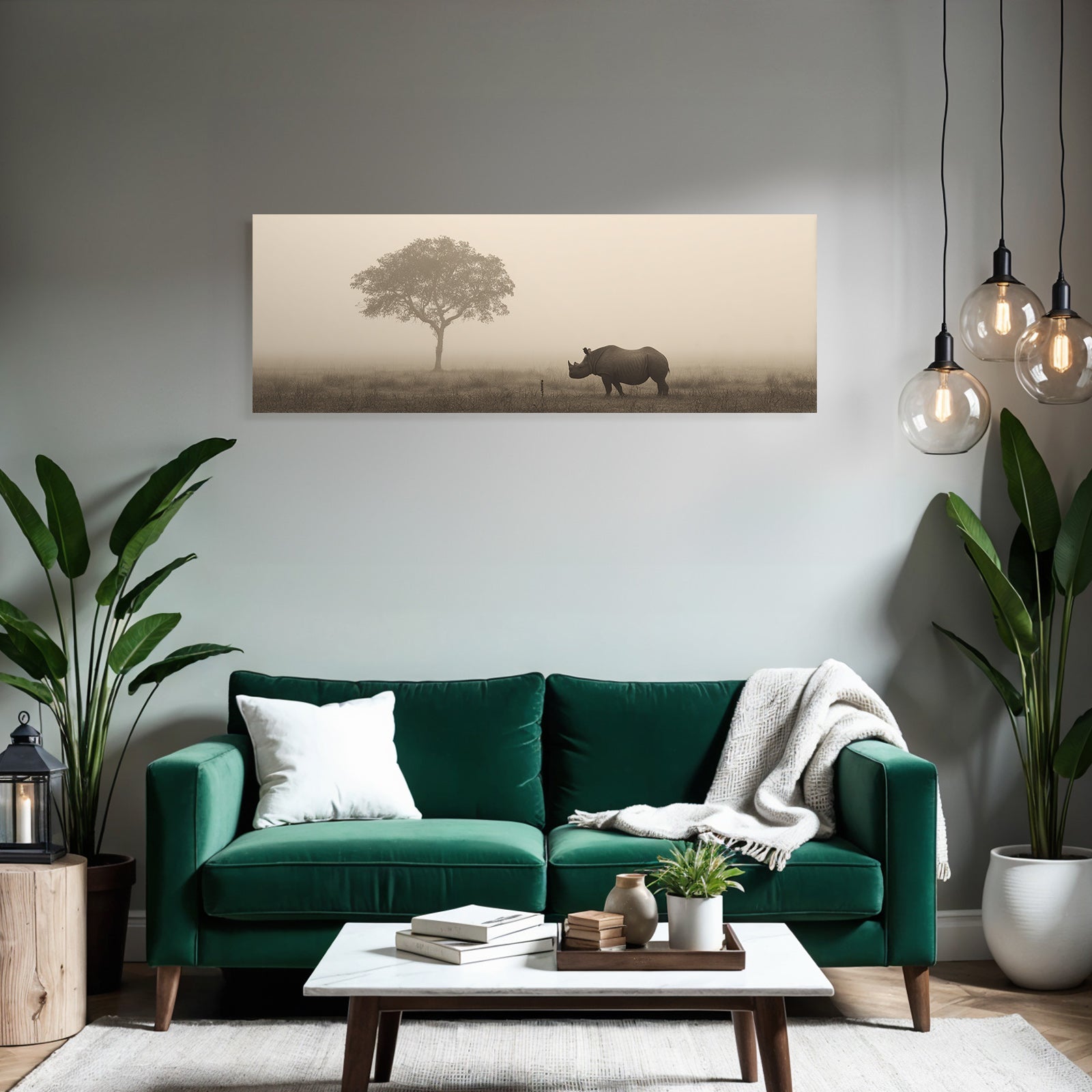 Nashorn Im Nebligen Landschaft Mit Einem Einsamen Baum