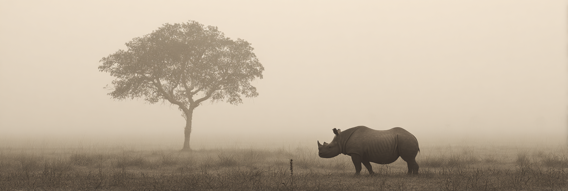 Nashorn Im Nebligen Landschaft Mit Einem Einsamen Baum | Asien | Laender und Reisen