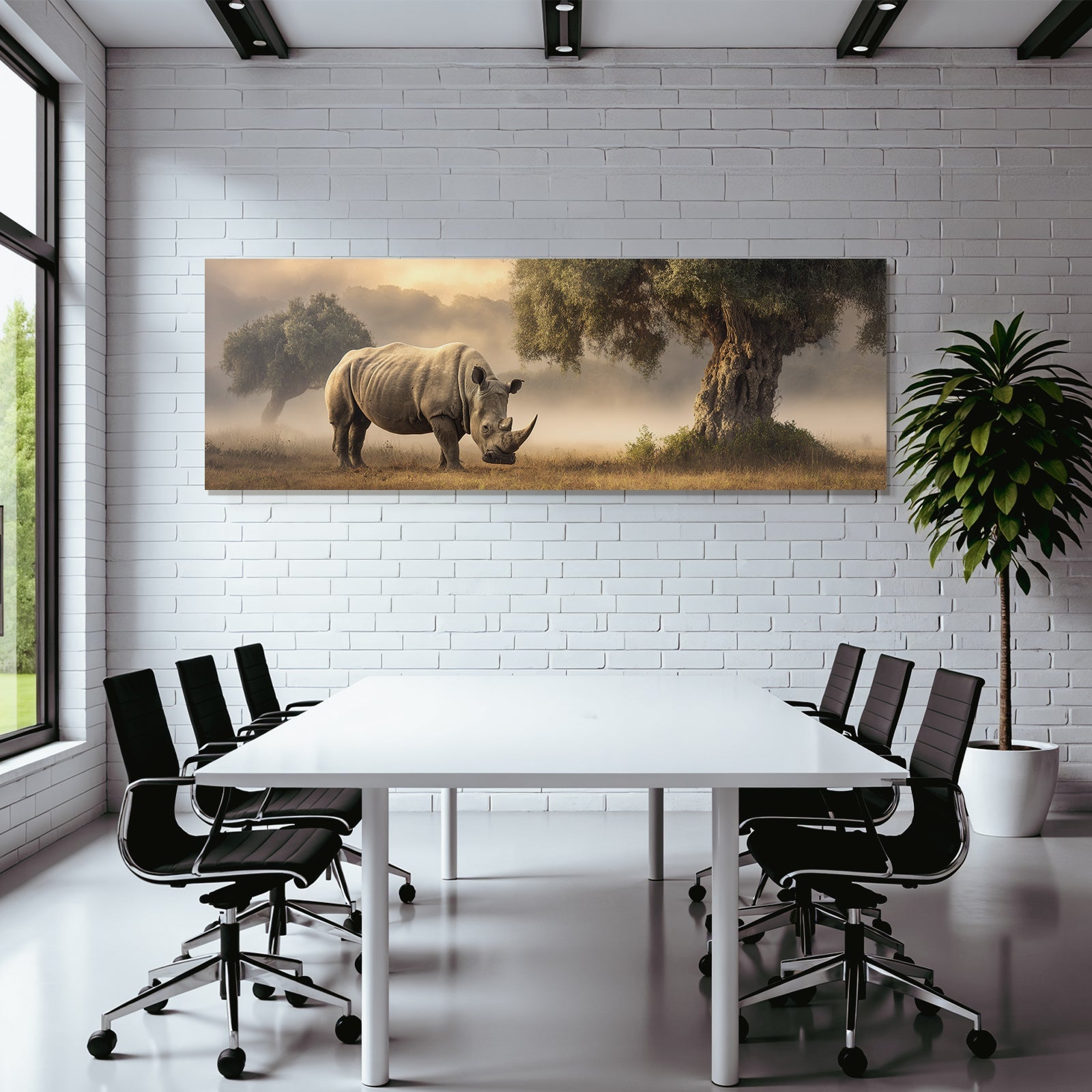 Nashorn Im Nebligen Wald Umgeben Von Bäumen