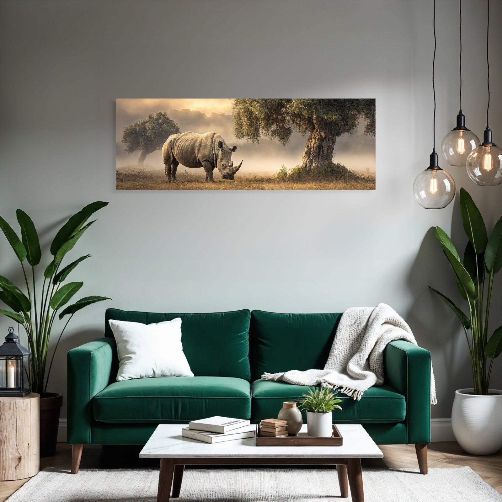 Nashorn Im Nebligen Wald Umgeben Von Bäumen