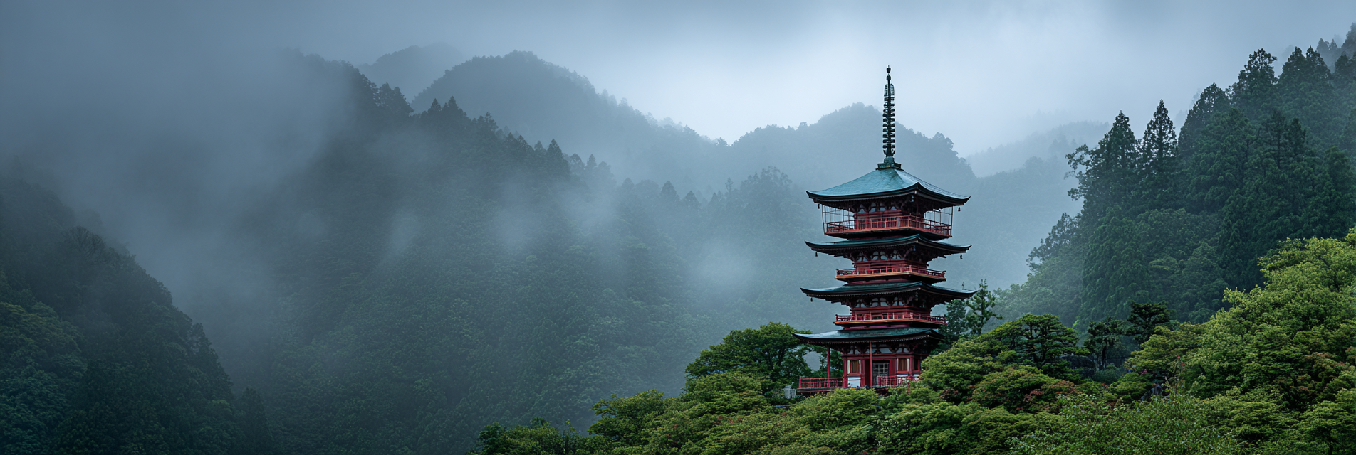 Rote Pagode Mit Grünem Dach In Nebeliger Gebirgslandschaft | Asien | Laender und Reisen