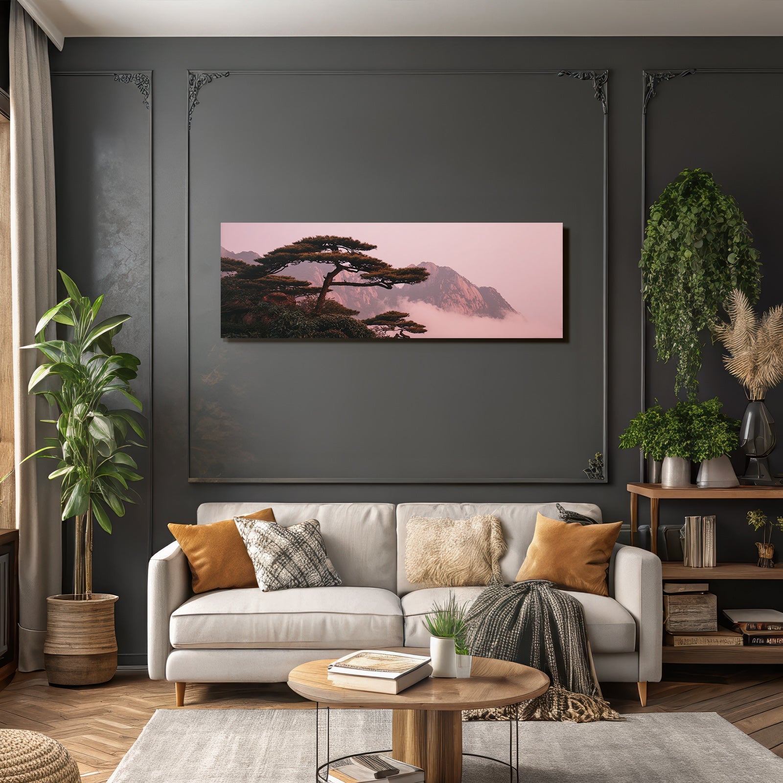 Ruhige Landschaft Mit Imposantem Baum Und Mystischen Bergen Im Morgennebel