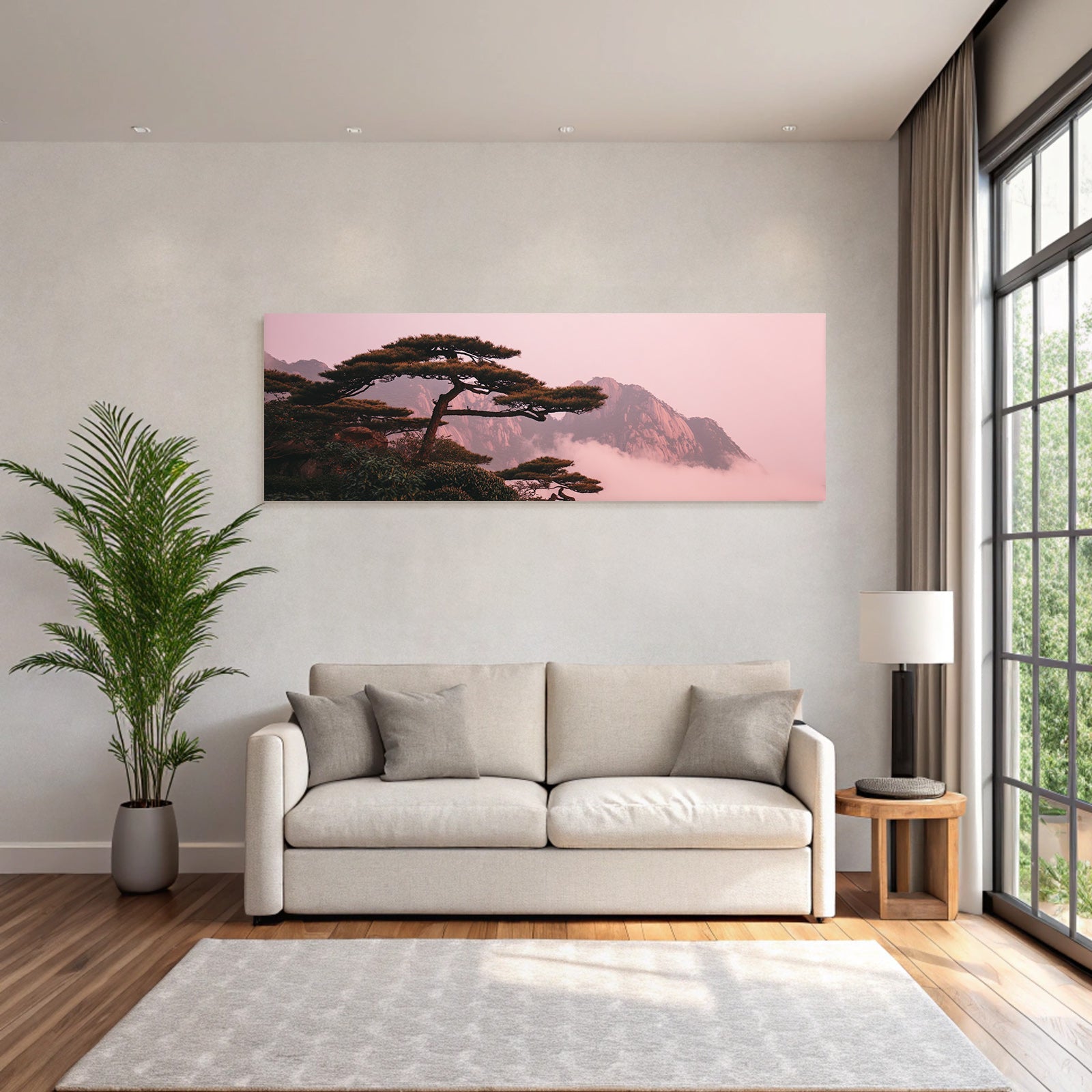 Ruhige Landschaft Mit Imposantem Baum Und Mystischen Bergen Im Morgennebel
