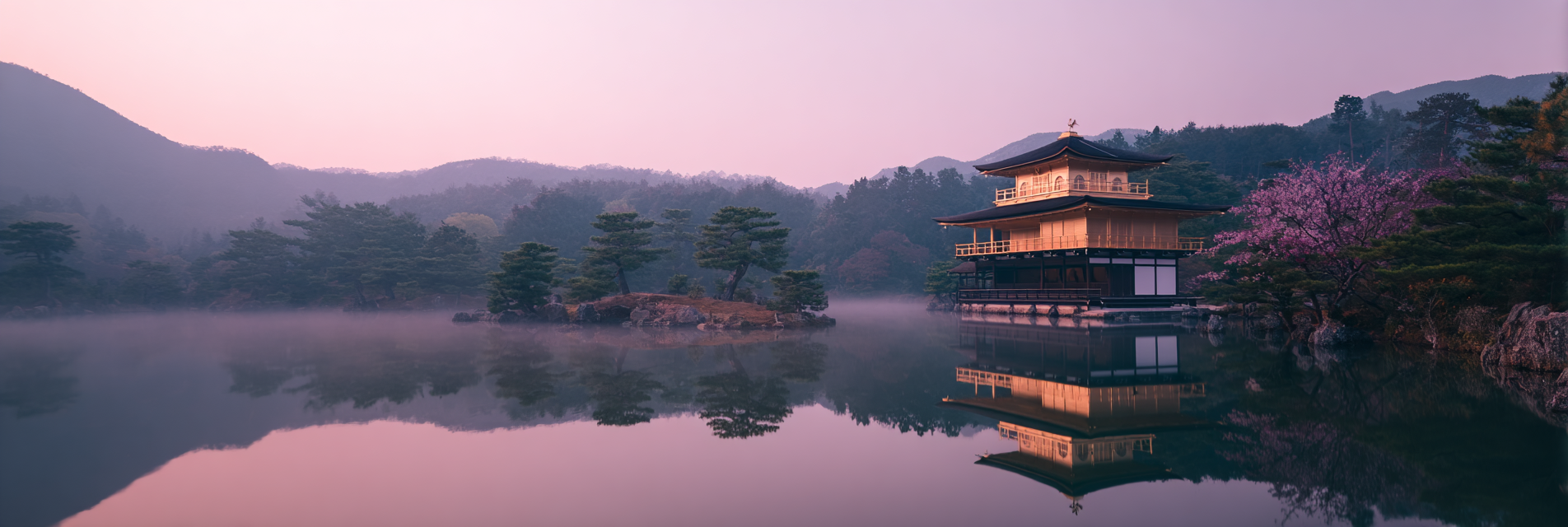 Traditioneller Japanischer Tempel Spiegelung In Ruhigem Wasser Mit Frühnebel Und Kirschblüten | Asien | Laender und Reisen