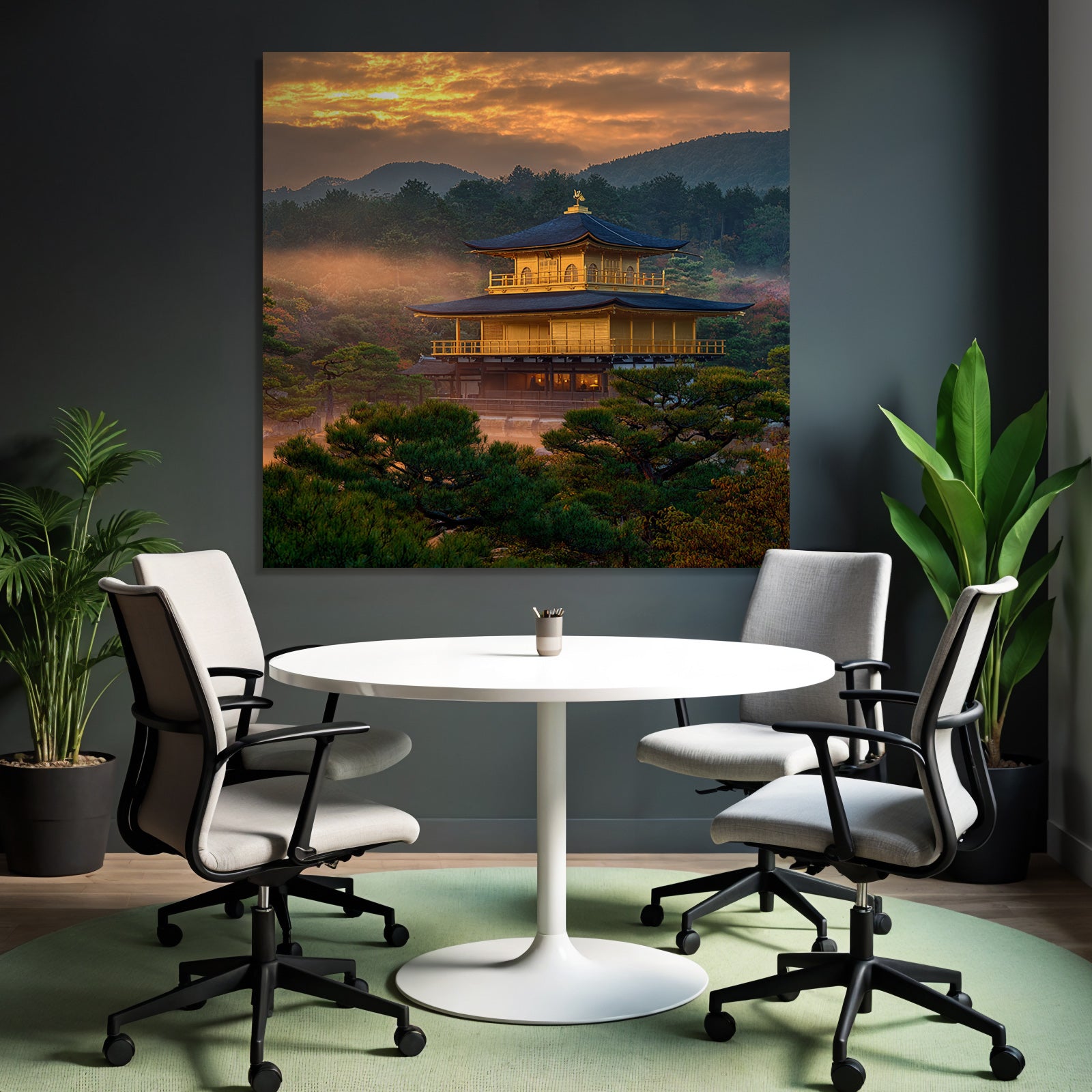 Goldener Pavillon Bei Sonnenuntergang In Japanischer Landschaft
