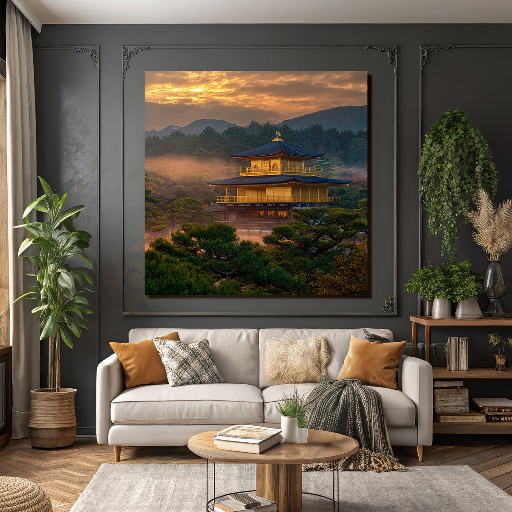 Goldener Pavillon Bei Sonnenuntergang In Japanischer Landschaft