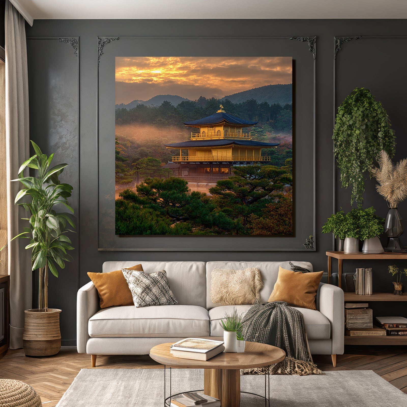 Goldener Pavillon Bei Sonnenuntergang In Japanischer Landschaft