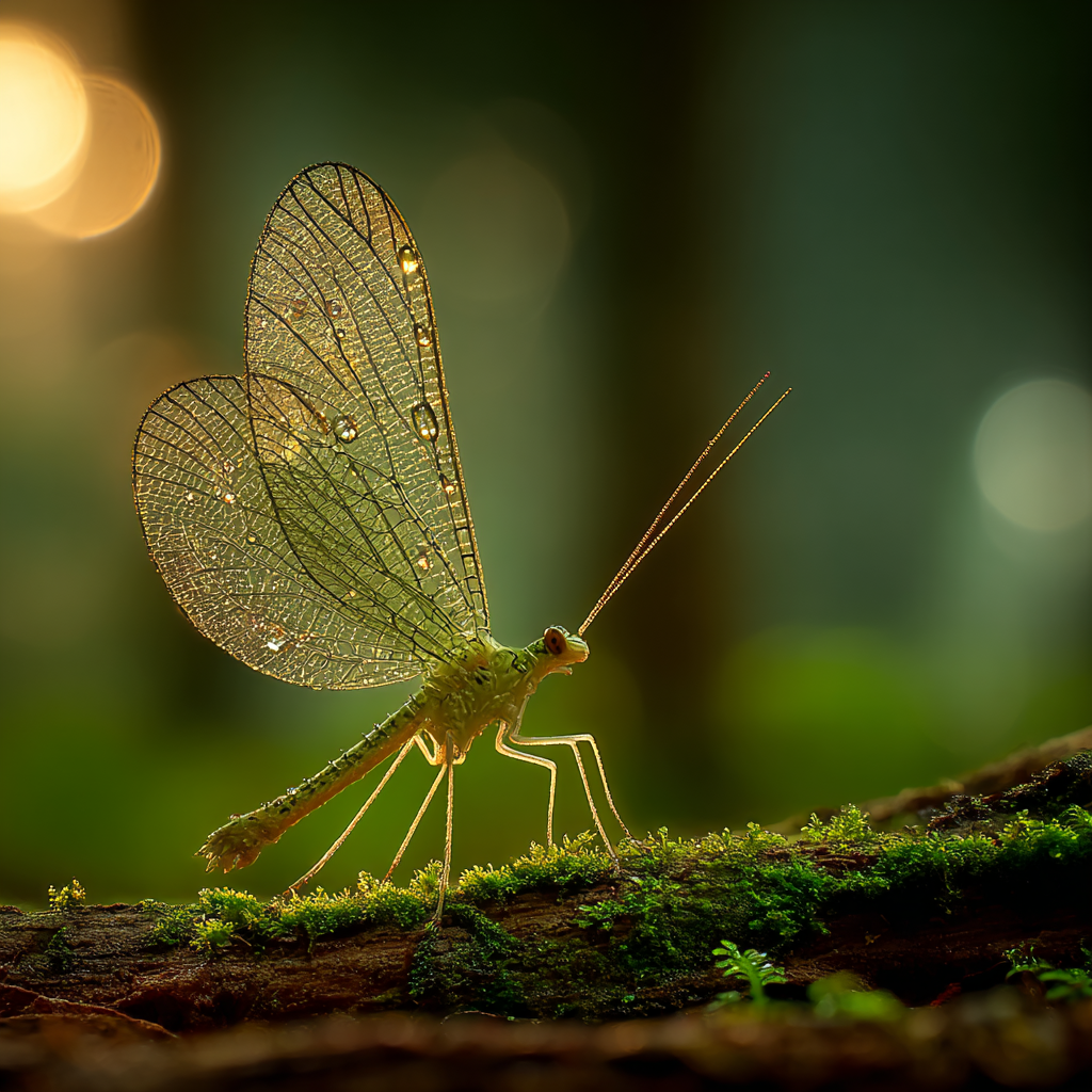 Grüner Netzflügler Auf Moos Mit Wassertropfen Und Bokeh Hintergrund | Asien | Laender und Reisen