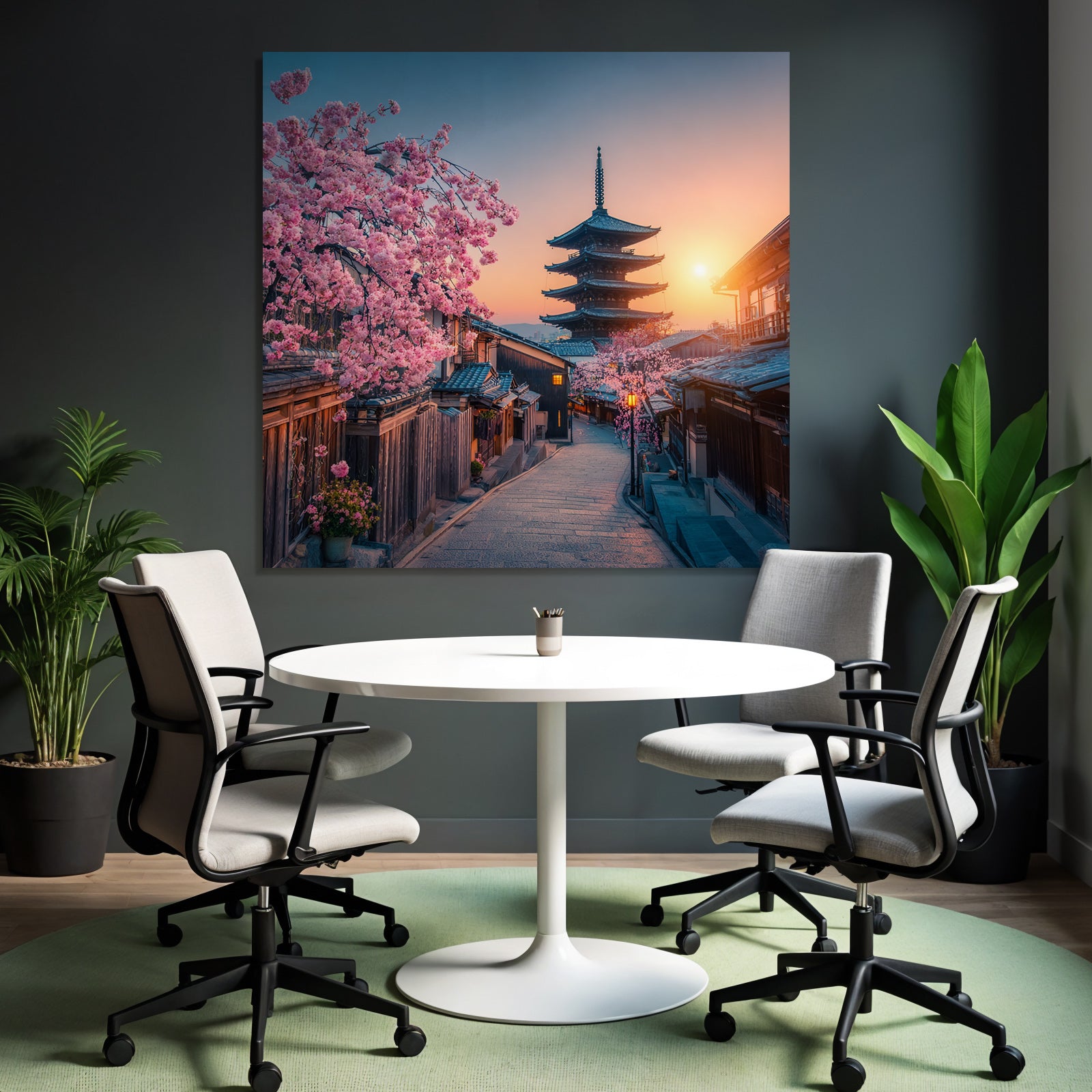 Japanische Strasse Mit Holzhäusern Und Pagode Bei Sonnenuntergang Und Kirschblüten