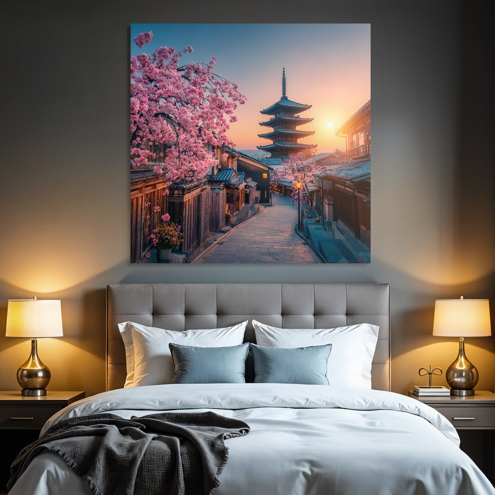 Japanische Strasse Mit Holzhäusern Und Pagode Bei Sonnenuntergang Und Kirschblüten