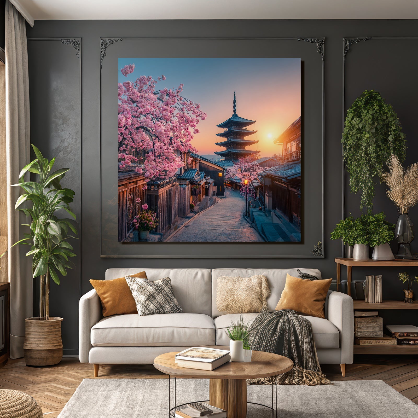 Japanische Strasse Mit Holzhäusern Und Pagode Bei Sonnenuntergang Und Kirschblüten