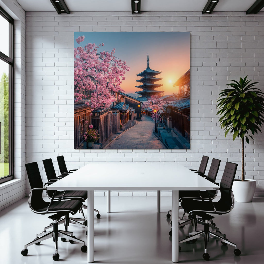 Japanische Strasse Mit Holzhäusern Und Pagode Bei Sonnenuntergang Und Kirschblüten