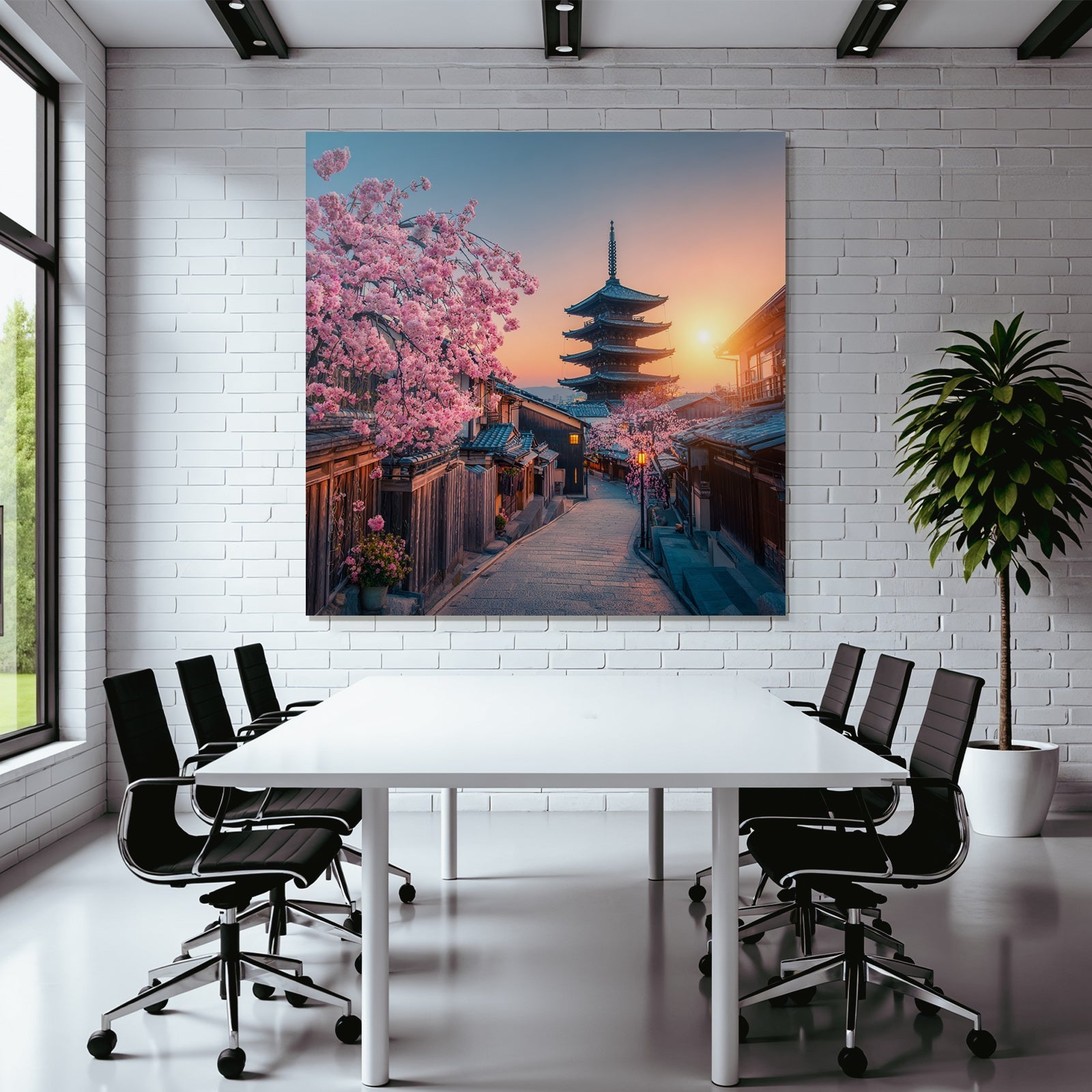 Japanische Strasse Mit Holzhäusern Und Pagode Bei Sonnenuntergang Und Kirschblüten