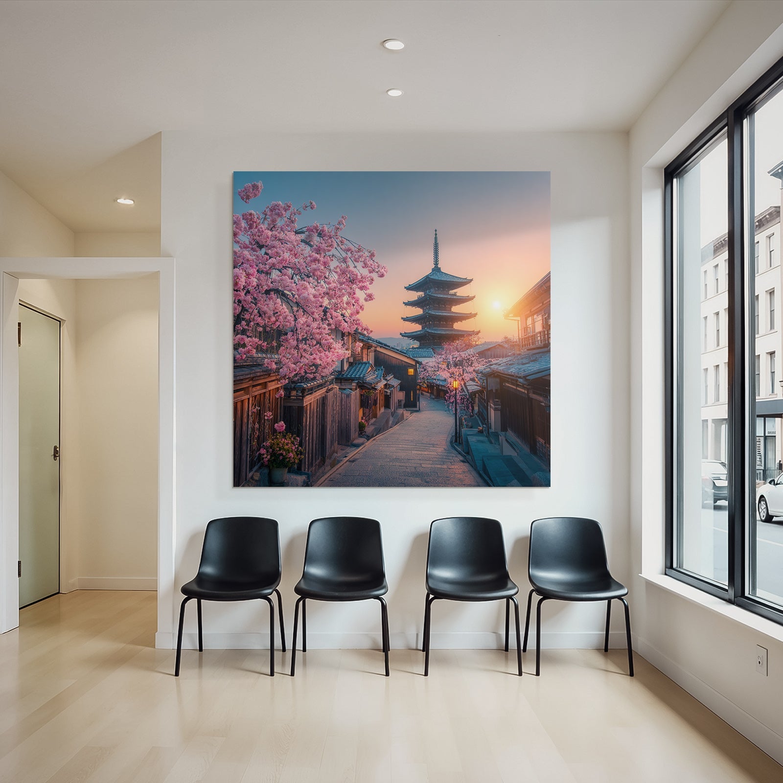 Japanische Strasse Mit Holzhäusern Und Pagode Bei Sonnenuntergang Und Kirschblüten