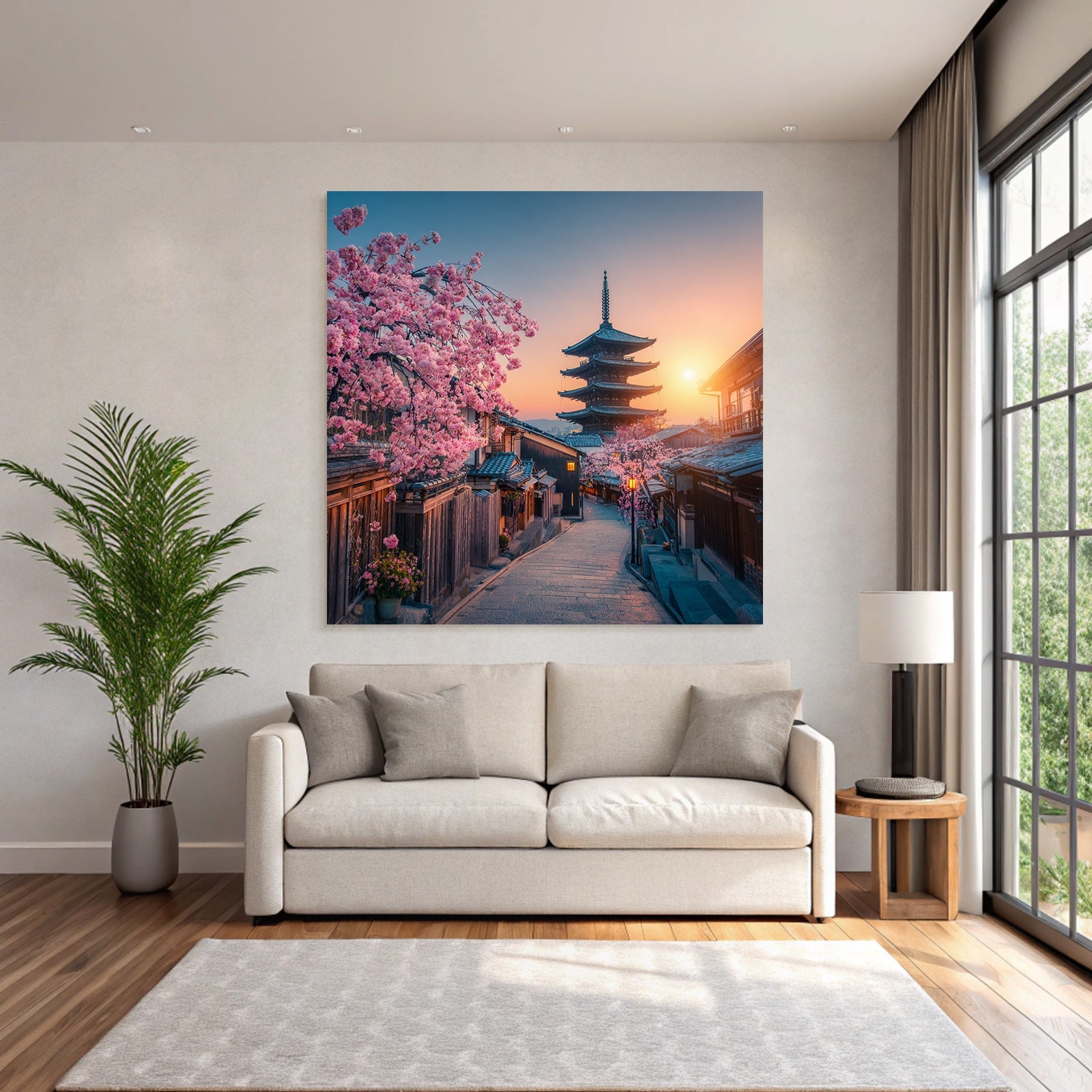 Japanische Strasse Mit Holzhäusern Und Pagode Bei Sonnenuntergang Und Kirschblüten