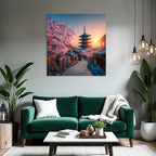 Japanische Strasse Mit Holzhäusern Und Pagode Bei Sonnenuntergang Und Kirschblüten