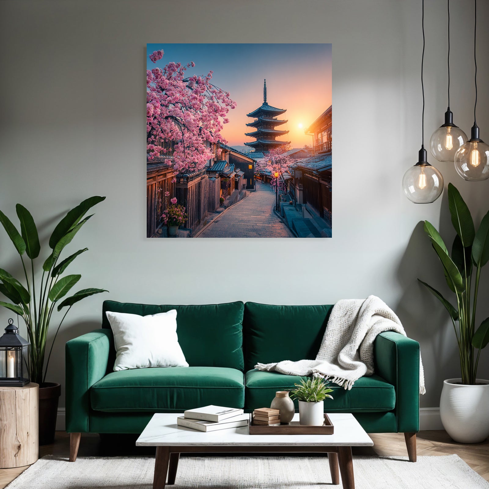 Japanische Strasse Mit Holzhäusern Und Pagode Bei Sonnenuntergang Und Kirschblüten