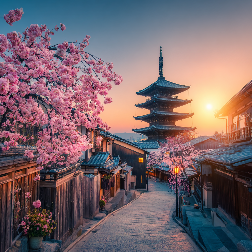 Japanische Strasse Mit Holzhäusern Und Pagode Bei Sonnenuntergang Und Kirschblüten | Asien | Laender und Reisen