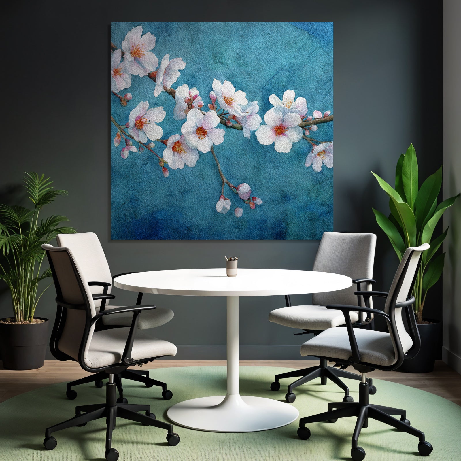 Kirschblüten Aquarell Blumen Am Zweig Vor Blaüm Hintergrund
