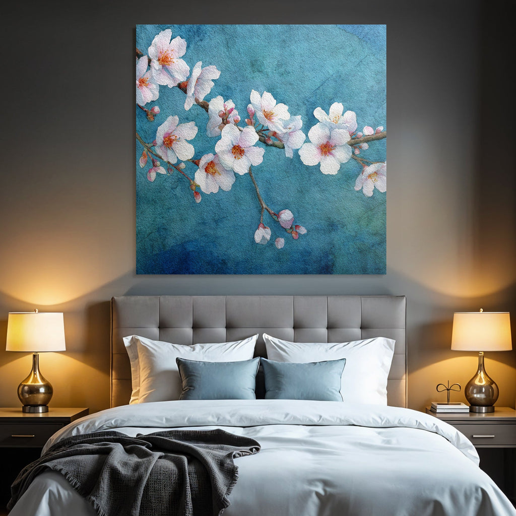 Kirschblüten Aquarell Blumen Am Zweig Vor Blaüm Hintergrund