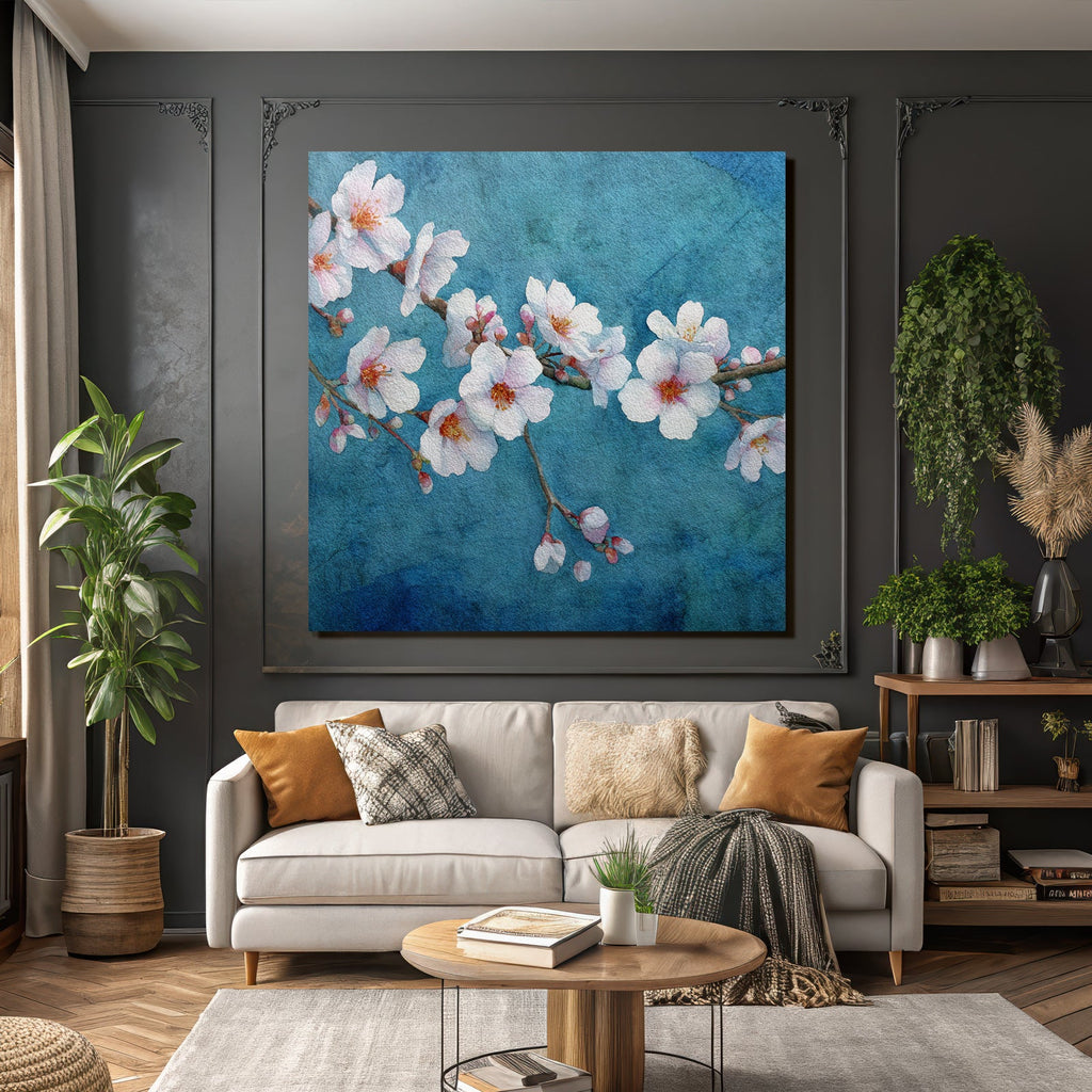 Kirschblüten Aquarell Blumen Am Zweig Vor Blaüm Hintergrund
