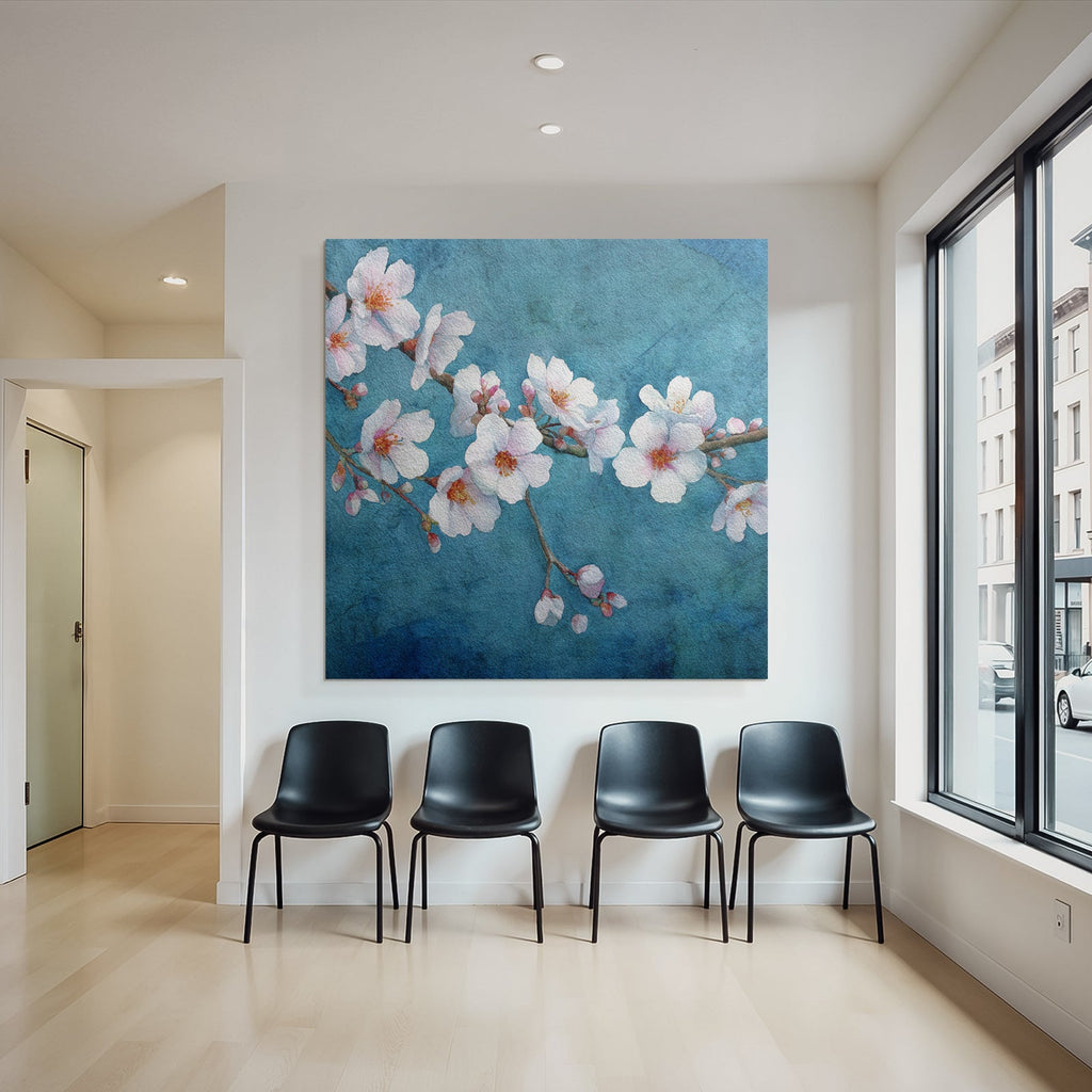 Kirschblüten Aquarell Blumen Am Zweig Vor Blaüm Hintergrund