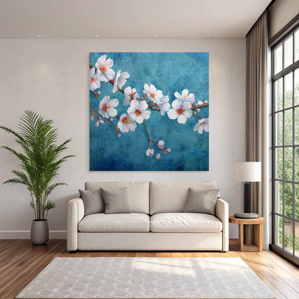 Kirschblüten Aquarell Blumen Am Zweig Vor Blaüm Hintergrund