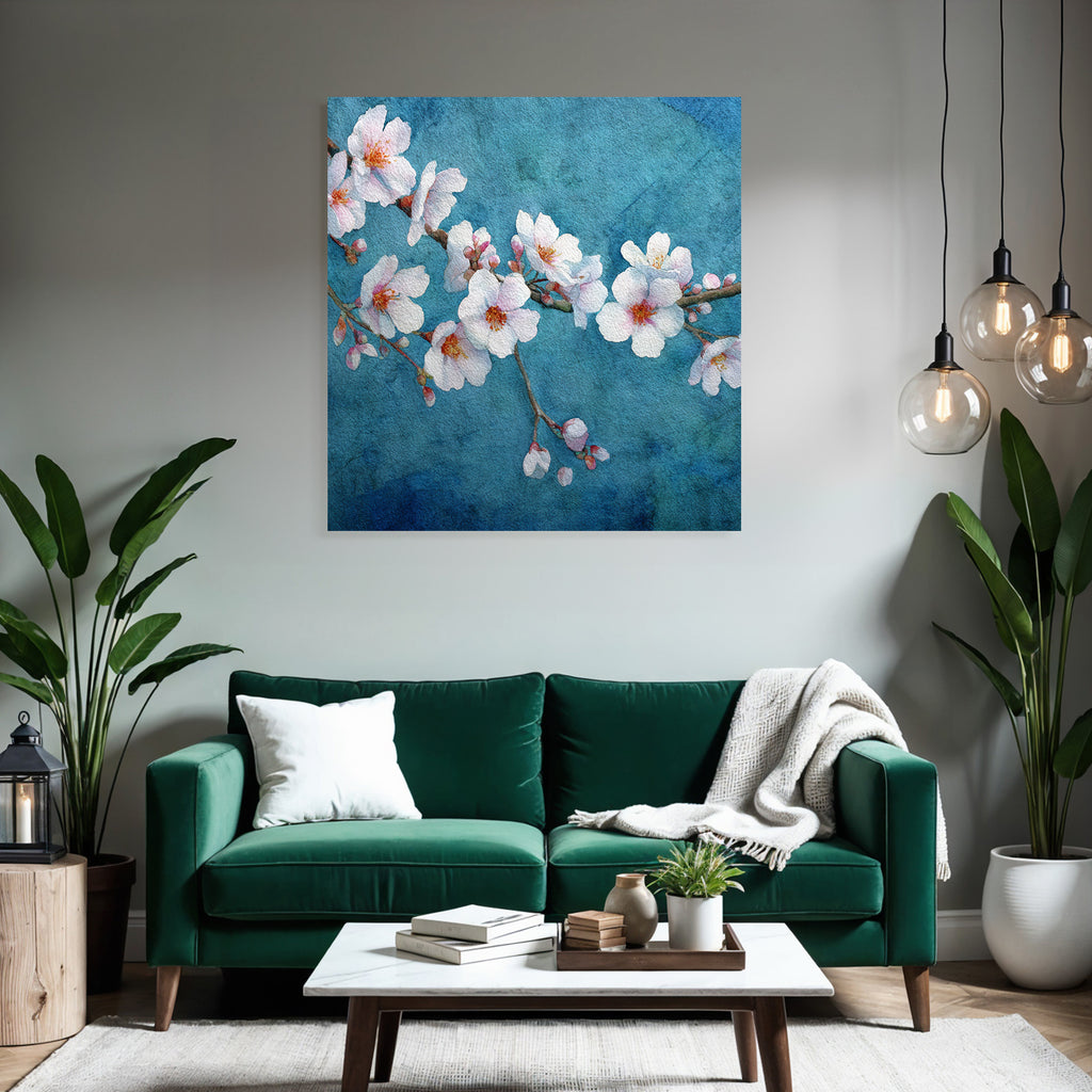 Kirschblüten Aquarell Blumen Am Zweig Vor Blaüm Hintergrund