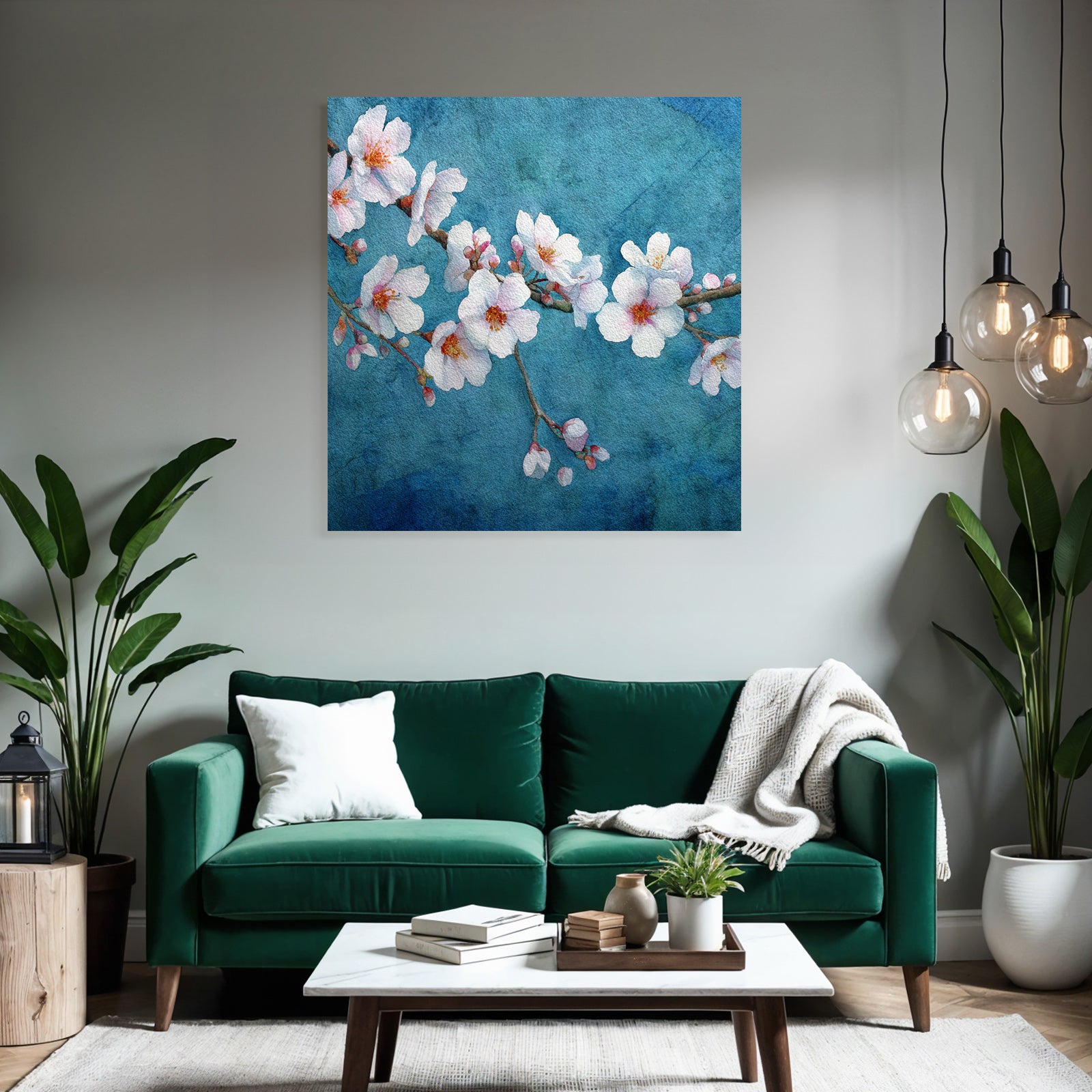 Kirschblüten Aquarell Blumen Am Zweig Vor Blaüm Hintergrund