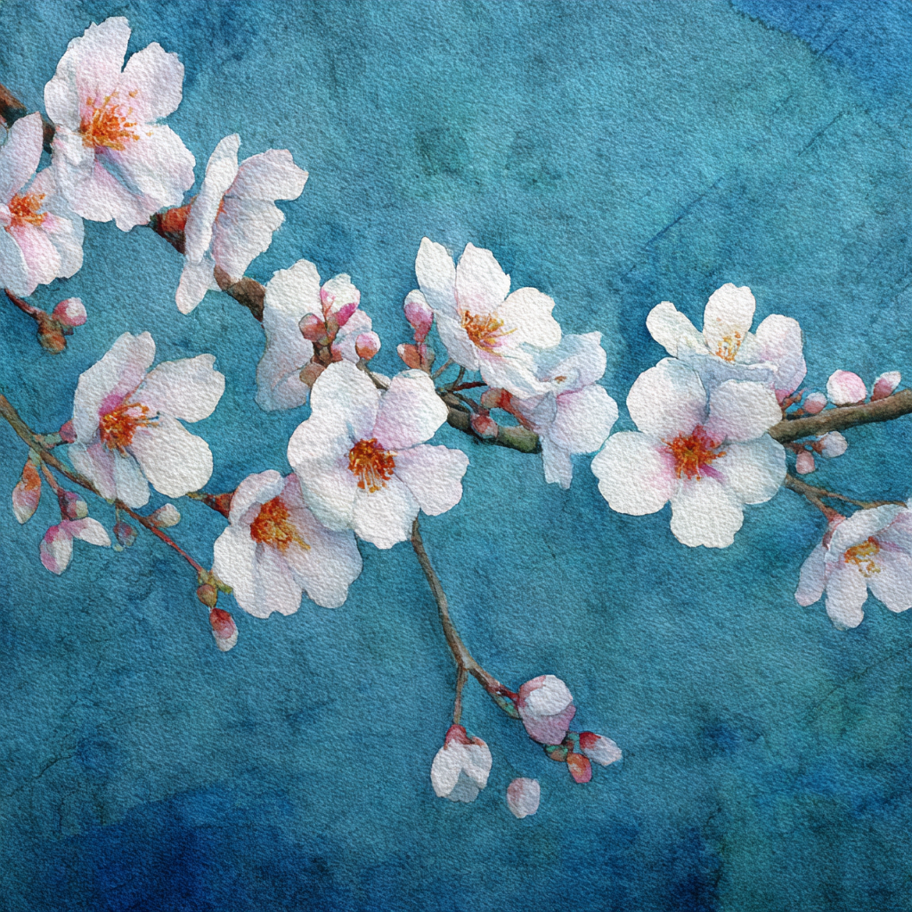 Kirschblüten Aquarell Blumen Am Zweig Vor Blaüm Hintergrund | Asien | Laender und Reisen