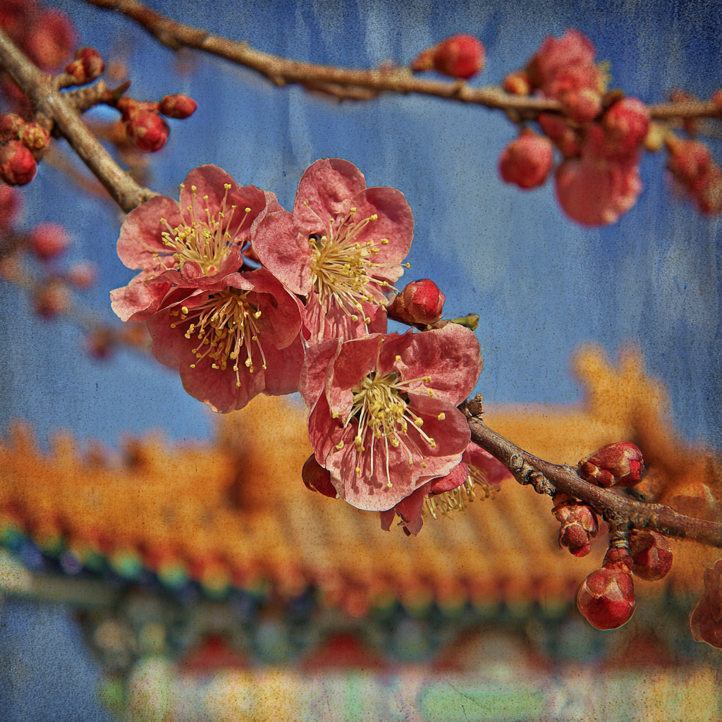 Nahaufnahme Von Rosa Blüten Und Knospen Am Ast Vor Verschwommener Architektur | Asien | Laender und Reisen
