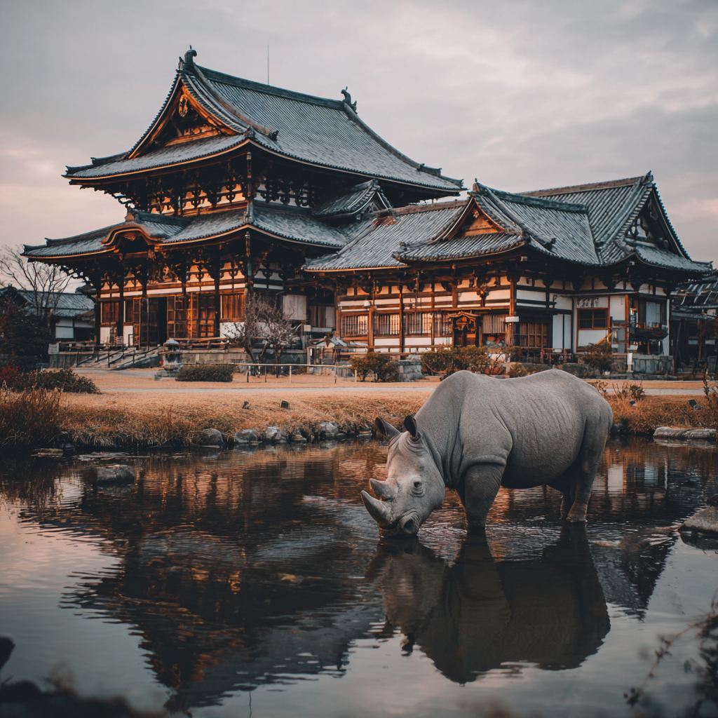 Nashorn Im Wasser Vor Japanischem Bauwerk Bei Dämmerung | Asien | Laender und Reisen