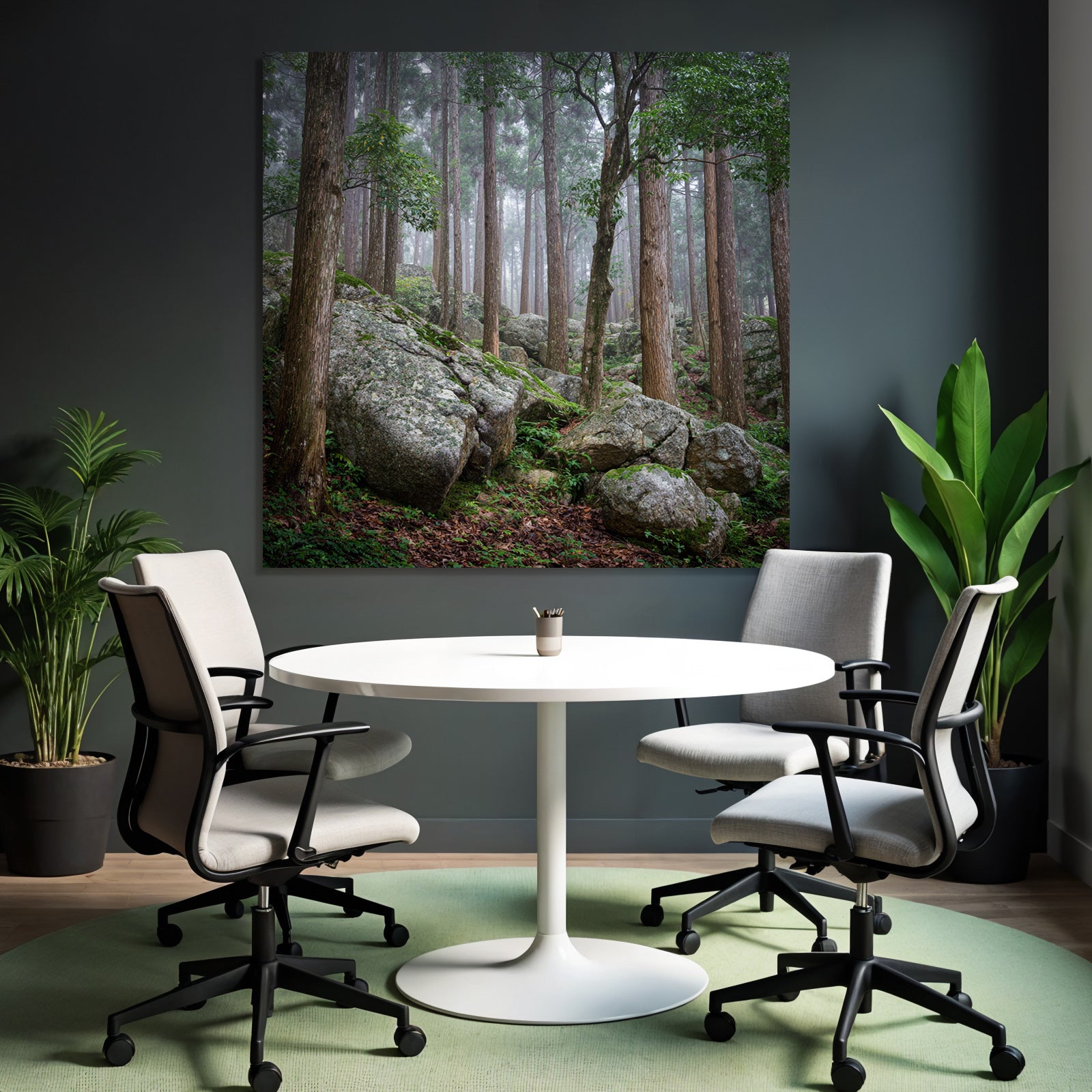 Nebeliger Wald Mit Hohen Bäumen Und Grossen Felsen