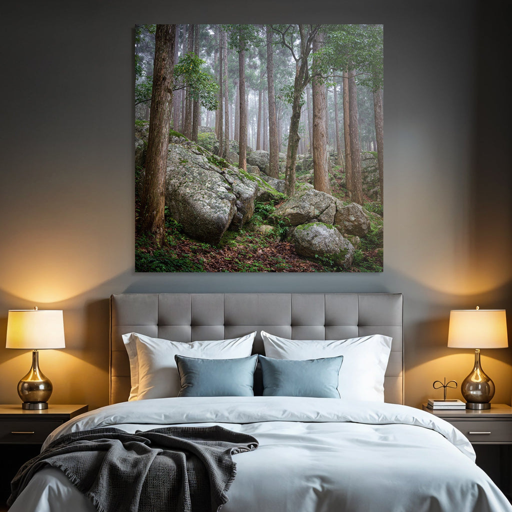 Nebeliger Wald Mit Hohen Bäumen Und Grossen Felsen