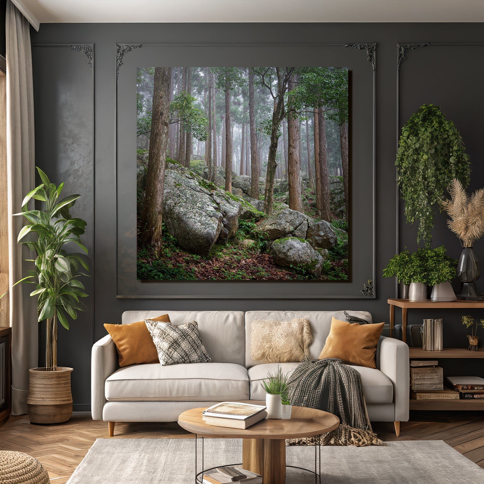 Nebeliger Wald Mit Hohen Bäumen Und Grossen Felsen