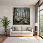 Nebeliger Wald Mit Hohen Bäumen Und Grossen Felsen