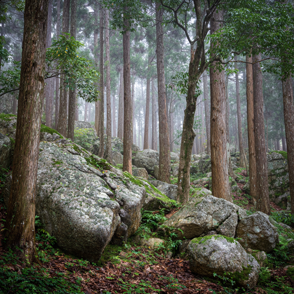 Nebeliger Wald Mit Hohen Bäumen Und Grossen Felsen | Asien | Laender und Reisen
