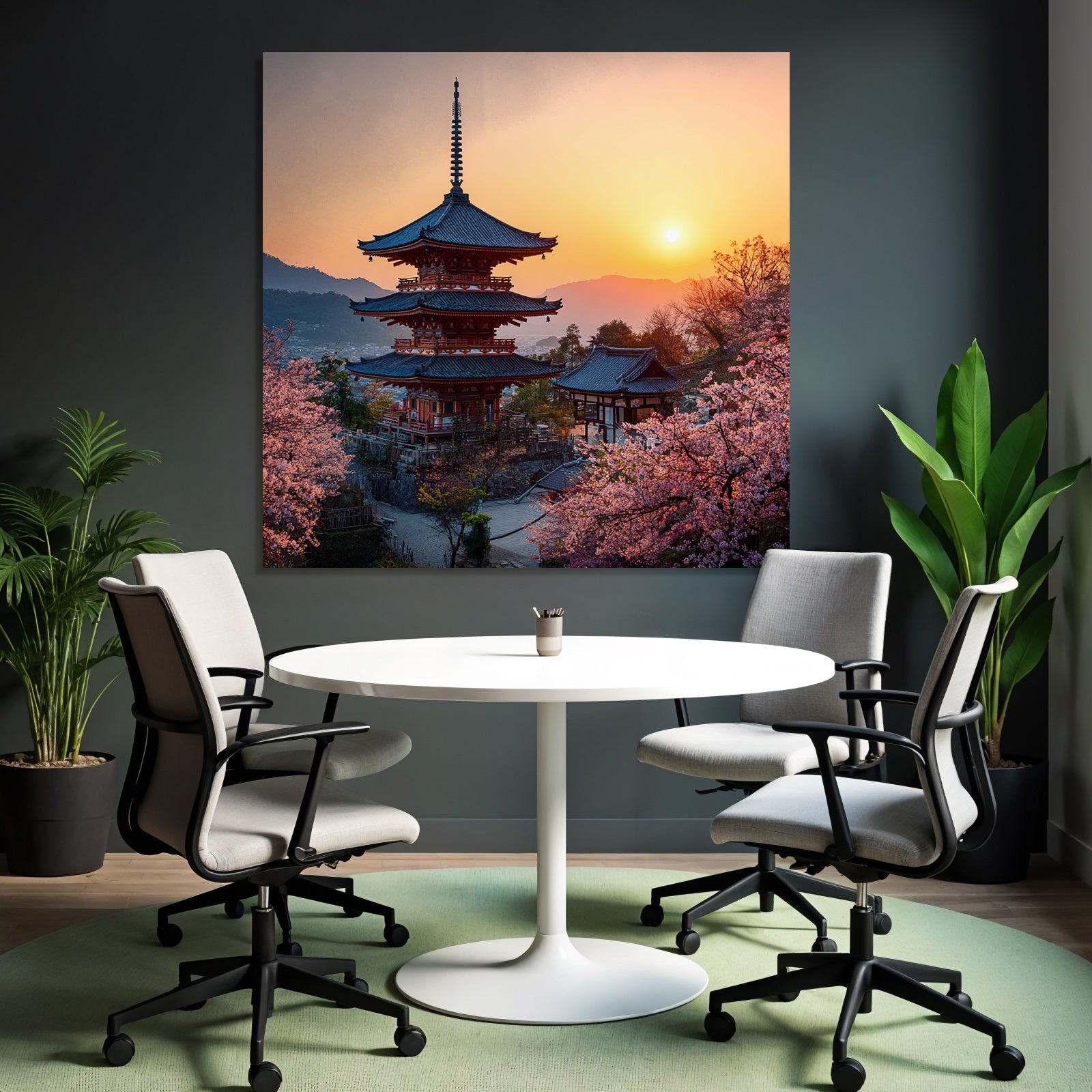 Schoner Japanischer Pagoda Bei Sonnenuntergang Umgeben Von Kirschblüten