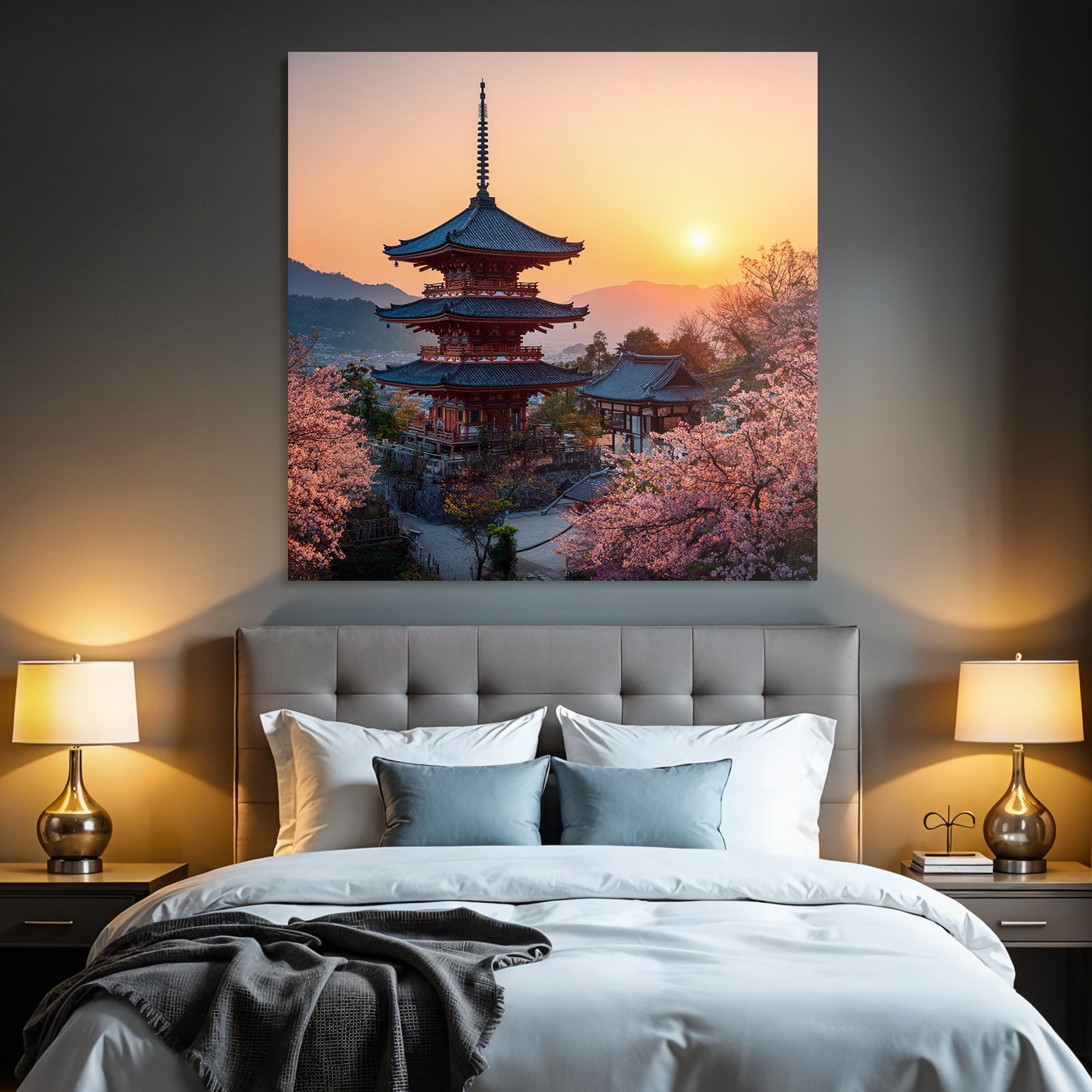 Schoner Japanischer Pagoda Bei Sonnenuntergang Umgeben Von Kirschblüten